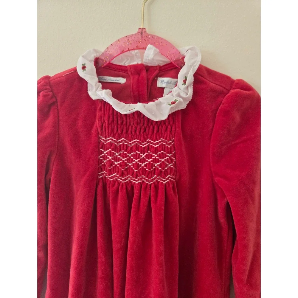 Ralph Lauren Girls Red Velvet Smocked Dress Ruffle Collar Floral Long Sleeve 6X